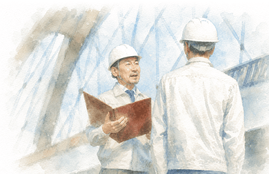 建設現場で図面を確認しながら話す作業員2人の水彩画風イラスト