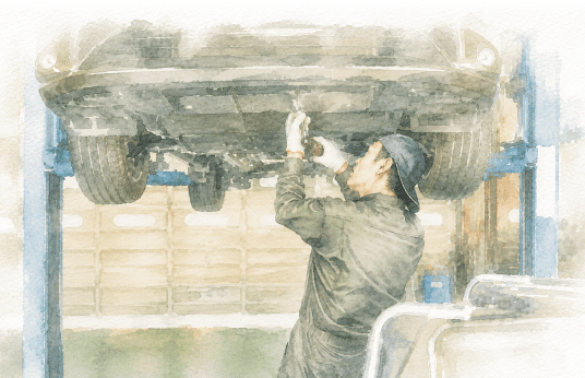 車の下部にもぐり整備作業をする自動車整備士の水彩画風イラスト