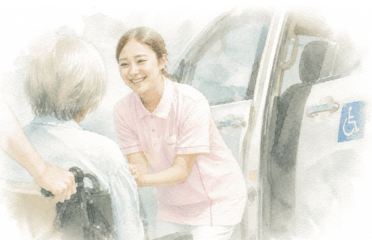 車椅子の高齢者に付き添う介護士の女性の水彩画風イラスト