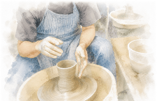 ろくろで陶器を成形する陶芸職人の水彩画風イラスト