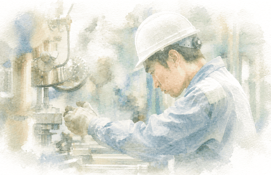 工場で精密機械を操作する作業員の水彩画風イラスト
