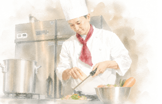 厨房で食材を調理するシェフの水彩画風イラスト
