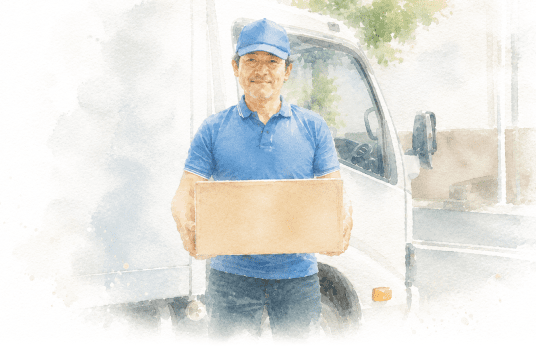 段ボール箱を運ぶ配送ドライバーの水彩画風イラスト
