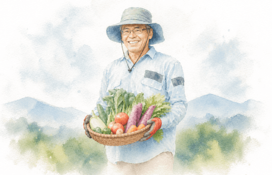 収穫した野菜が入ったかごを持つ農家の男性の水彩画風イラスト